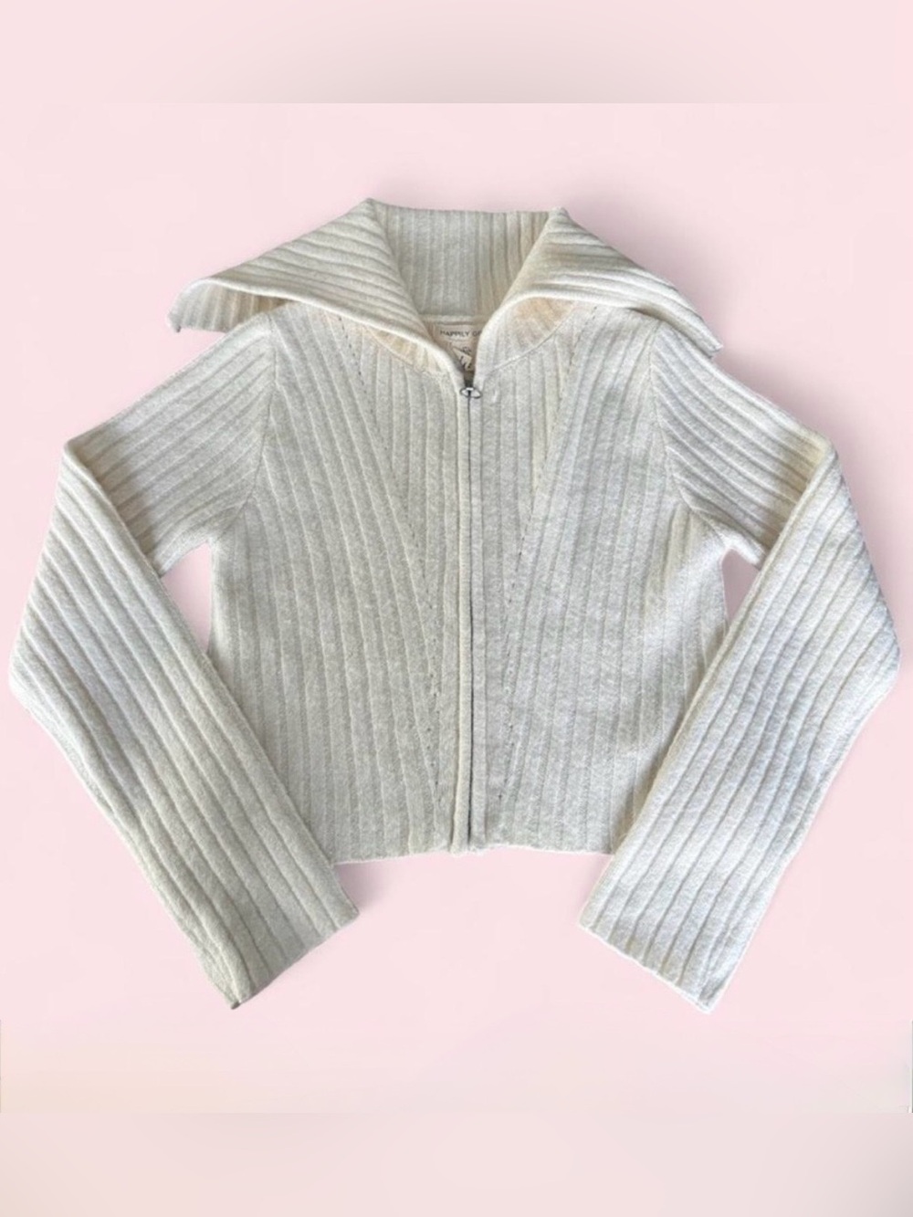 Ribbed Zip-Up Knit Cardigan in Cream